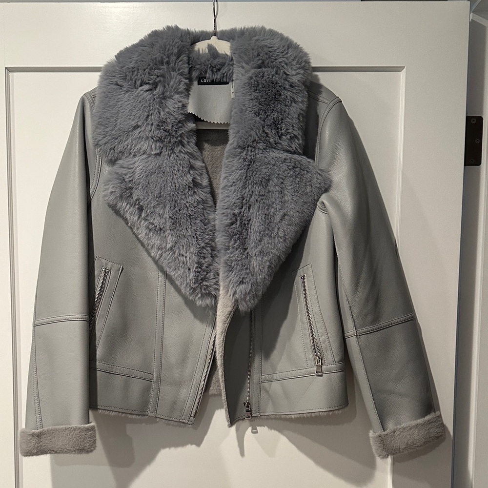 Love Token Light Gray Leather Jacket with Faux Fur